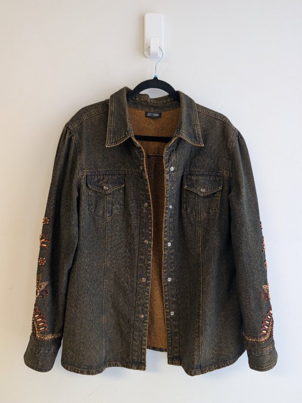 Vintage Women's Beadwork Denim Snap Button Jacket by Attitude